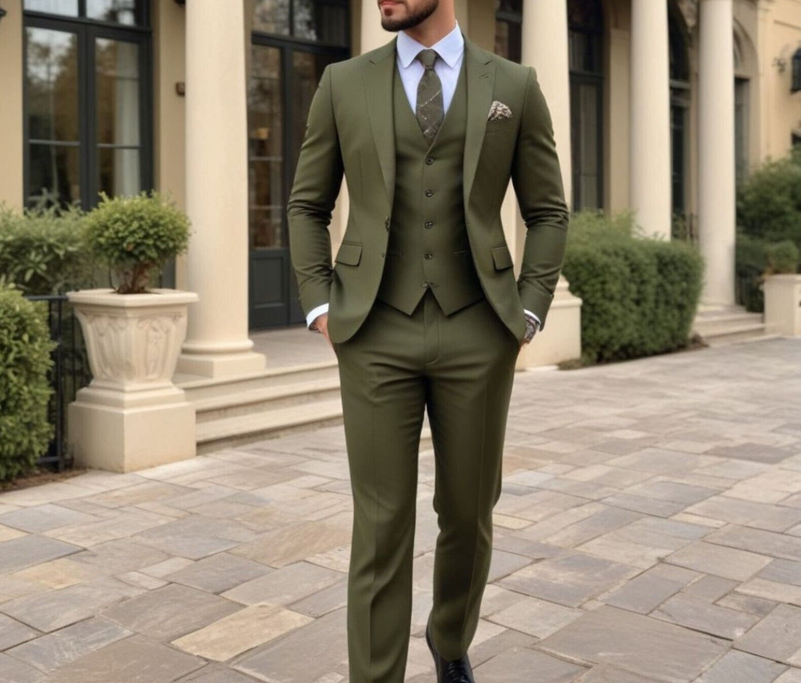 Men Formal Wear Wedding - Costume homme vert olive 3 pièces,