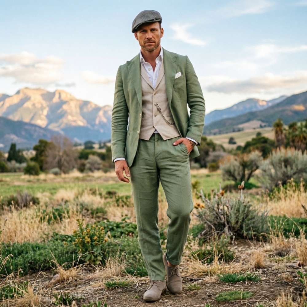 Men Linen Formal Wear - Costume 3 pièces en lin vert