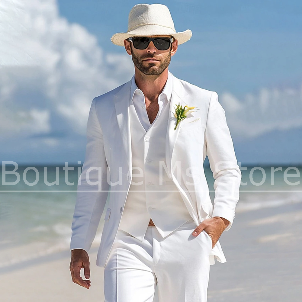 Men Linen Formal Wear - Costume 3 pièces en lin blanc