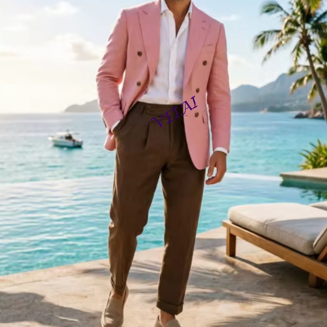 Men Linen Formal Wear - Costume Homme Croisé 2 Pièces en